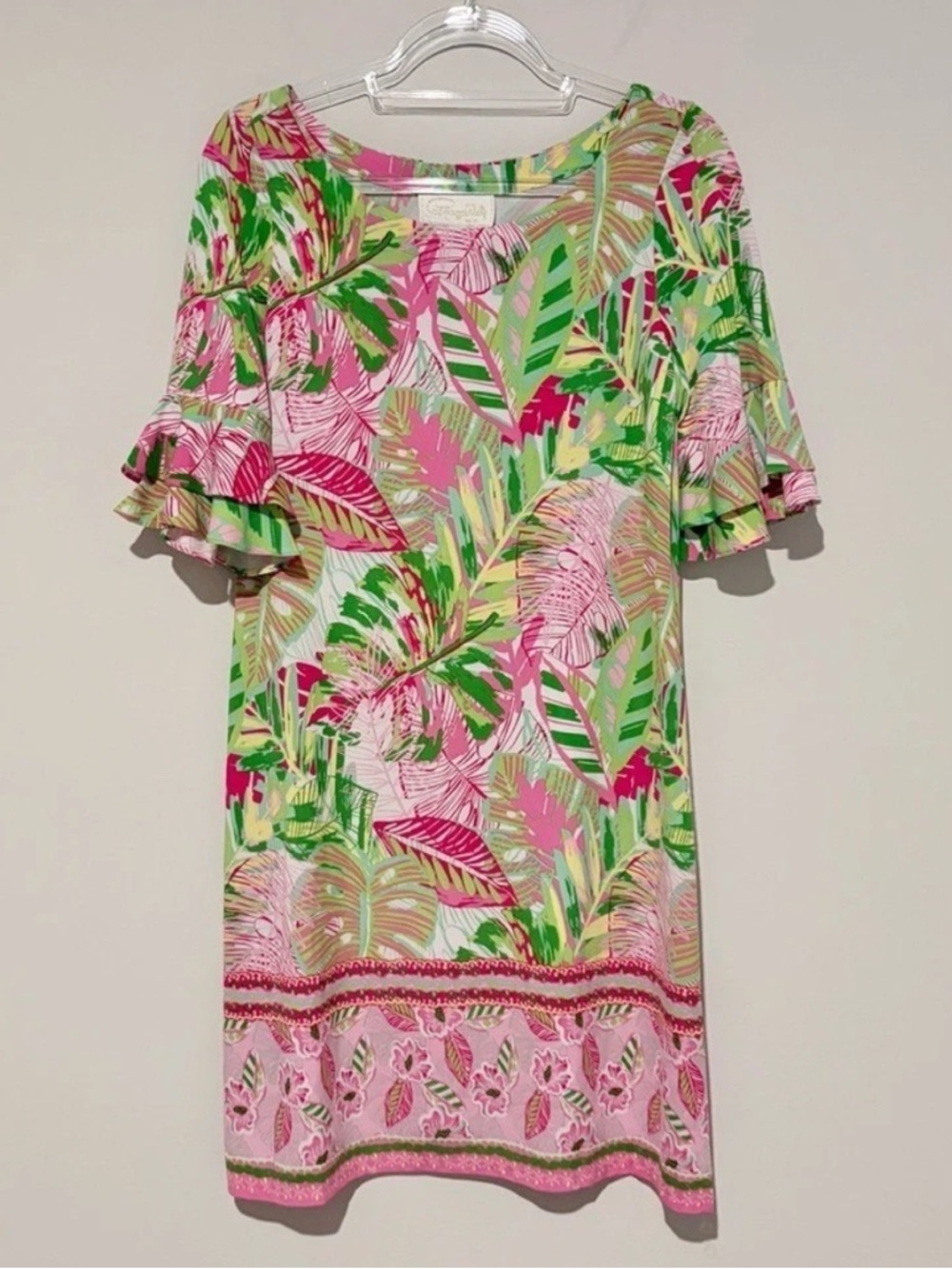 Pappagallo Shift Dress Pink Green Tropical Oasis Palm Leaf - Picture 2 of 4